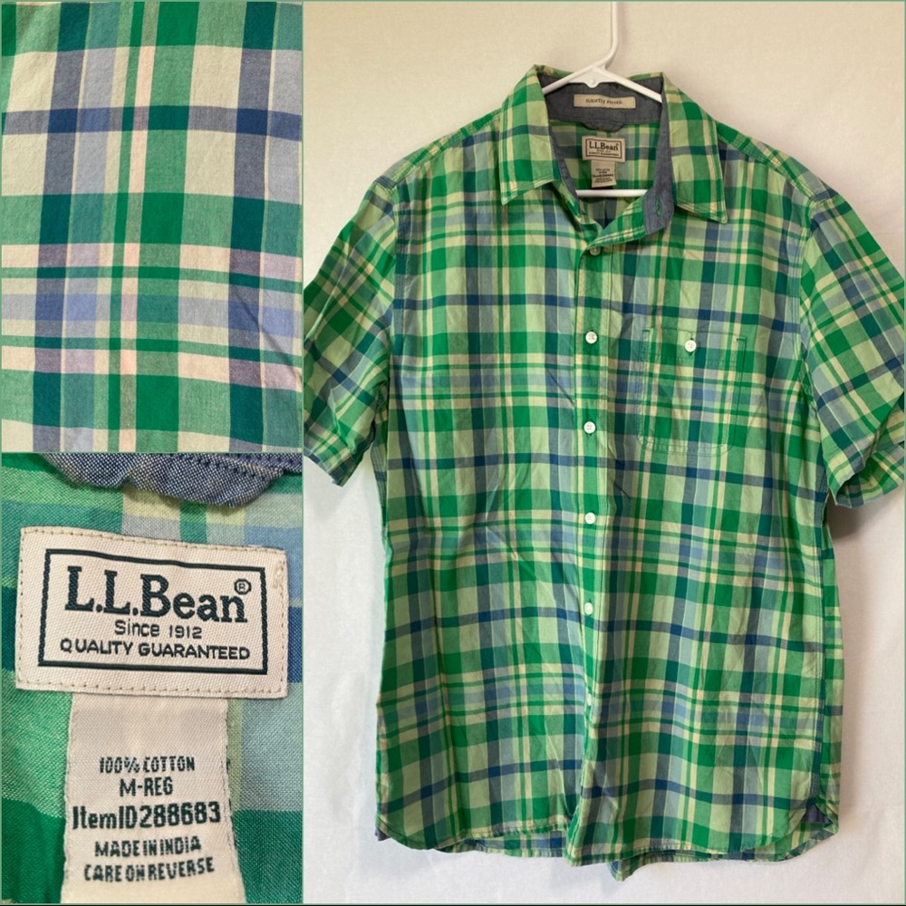L.L. Bean Green Blue Plaid Short-Sleeve Button-Down Shirt